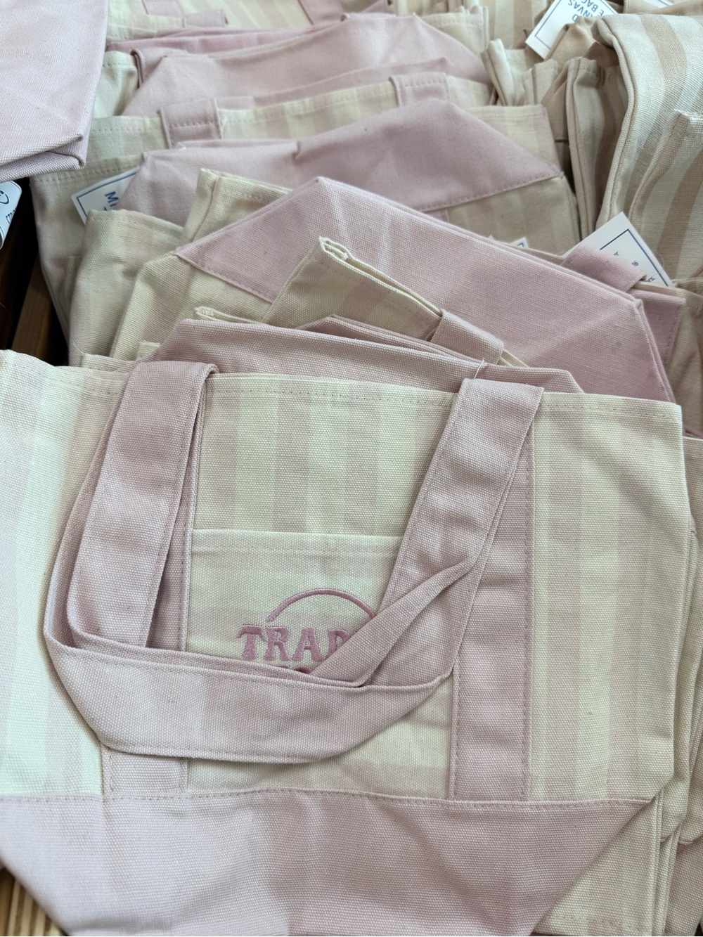 Trader Joe’s mini Striped Pale Pink Canvas Tote Bag with Front Pocket